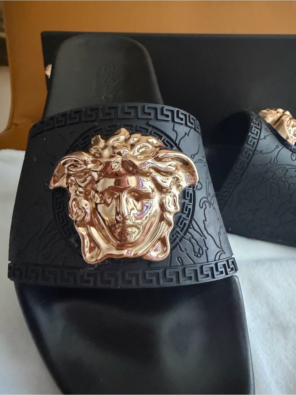 Versace Black Slide Sandals with Rose Gold Medusa Accent